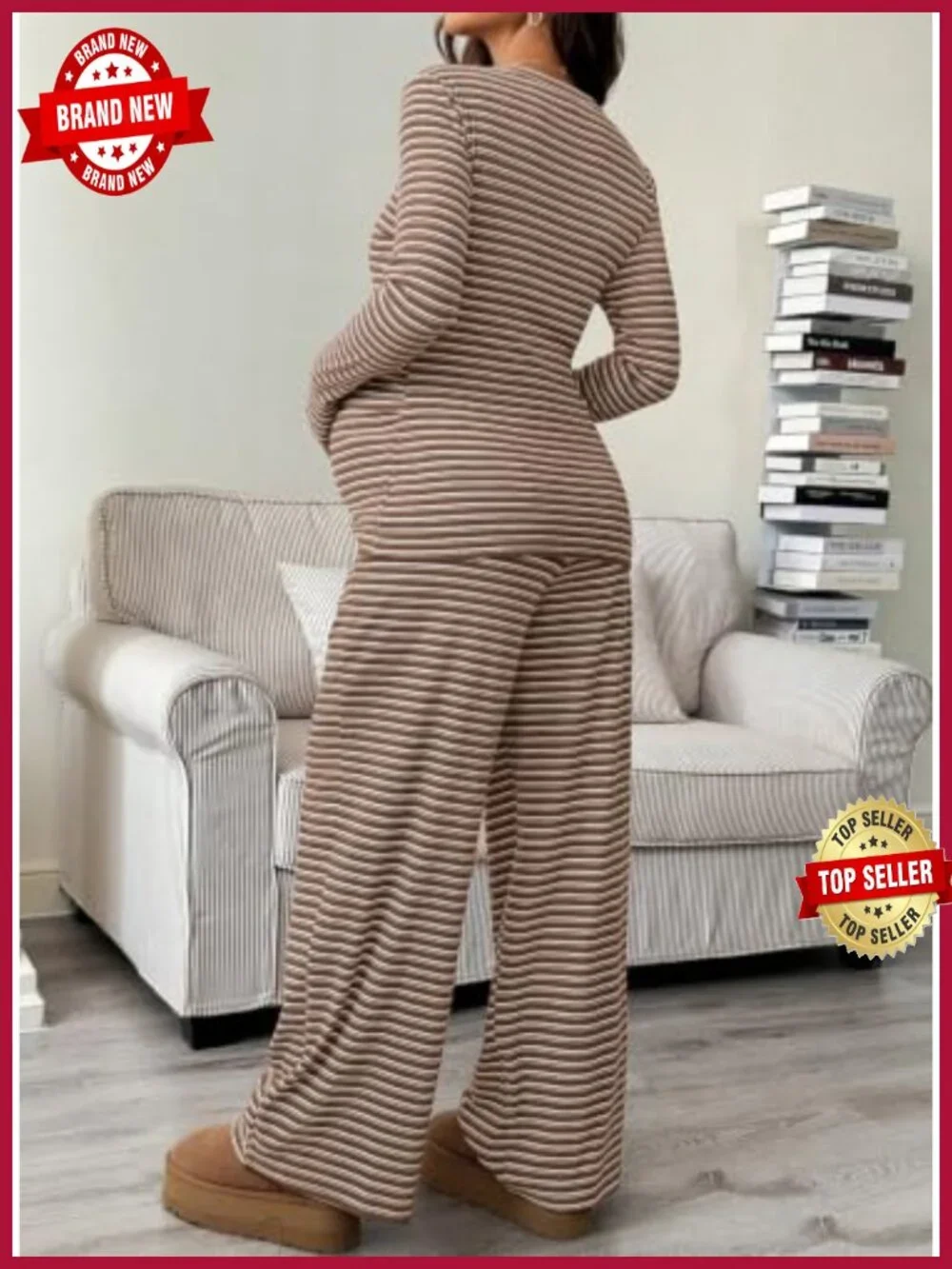 Maternity 2 Piece Lounge Set Striped Long Sleeve Pajamas with Pockets